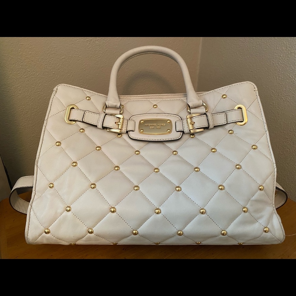 Michael Kors White Quilted Studded Satchel with Gold Hardware